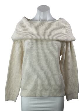 NEW MNG Mango Cream Off The Shoulder Ribbed Knit Long Sleeve Sweater Top Size M